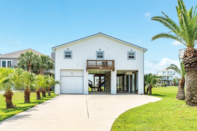 view of front of house with concrete driveway, a garage, a carport, a front lawn, and stairs