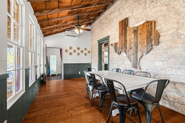 dining area with beam ceiling, dark wood-type flooring, wainscoting, wooden ceiling, and a wall mounted air conditioner