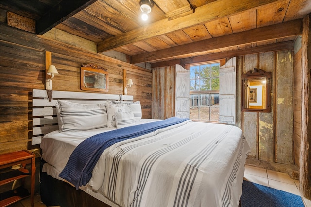 bedroom featuring wooden ceiling, tile patterned flooring, wooden walls, and beam ceiling