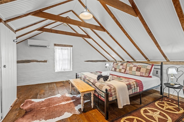 bedroom featuring dark wood-style floors, lofted ceiling with beams, and a wall mounted AC