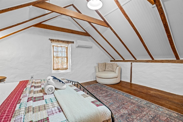 unfurnished bedroom featuring vaulted ceiling with beams, a textured wall, a wall mounted AC, and wood finished floors