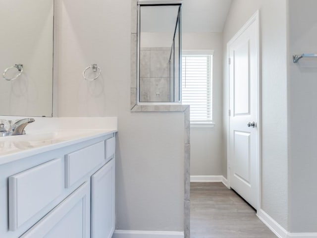 bathroom featuring baseboards, wood finished floors, and vanity