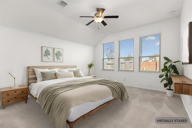 bedroom featuring visible vents, a ceiling fan, light carpet, vaulted ceiling, and baseboards