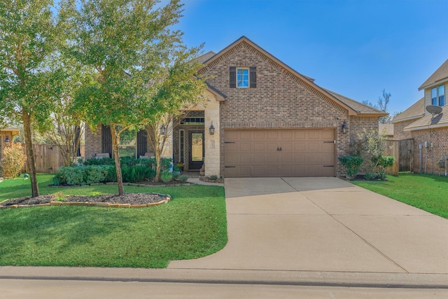 view of front of property with concrete driveway, brick siding, fence, and a front lawn