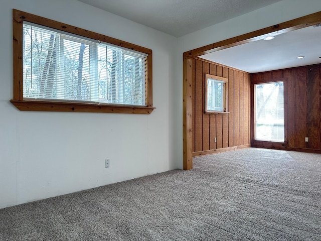 unfurnished room featuring carpet flooring and wooden walls