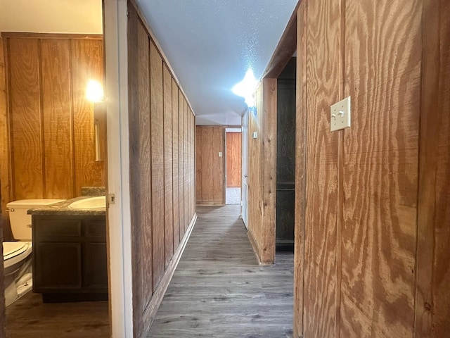 hallway with a sink, wood finished floors, and wooden walls