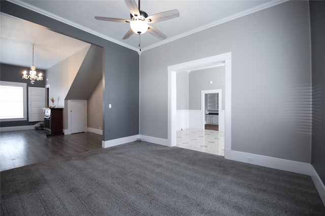 bonus room featuring dark colored carpet, baseboards, and ceiling fan with notable chandelier