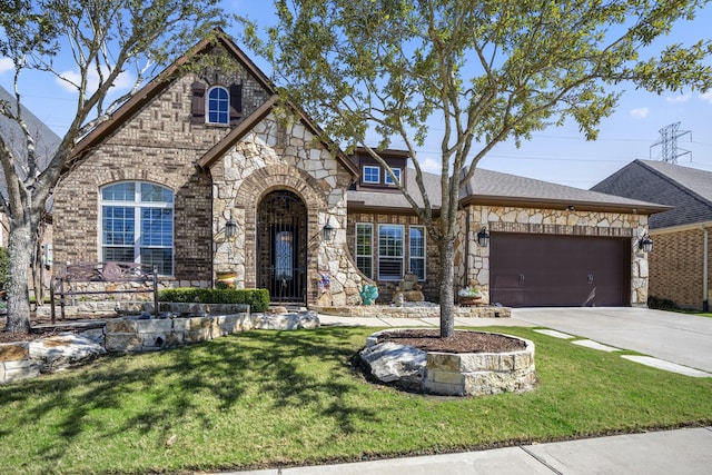 view of front of home featuring concrete driveway, a front lawn, an attached garage, and stone siding