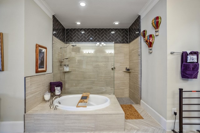 full bathroom with ornamental molding, walk in shower, and a bath