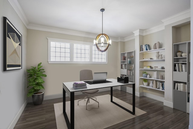 office space with dark wood-style floors, a chandelier, ornamental molding, and baseboards