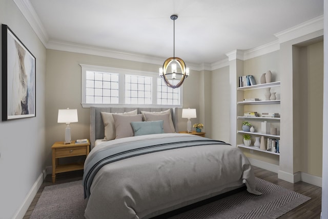 bedroom with crown molding, baseboards, and dark wood-type flooring