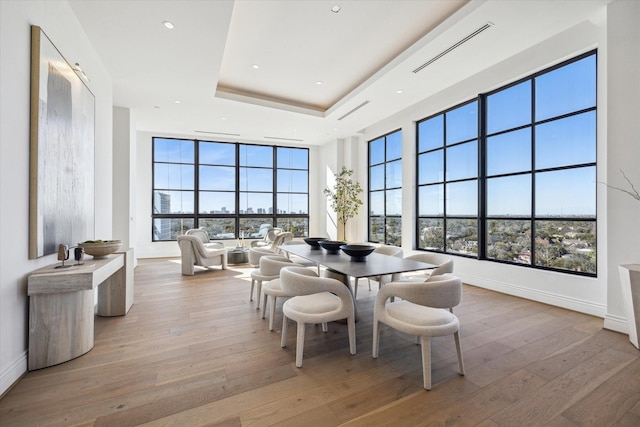 dining area with a healthy amount of sunlight, a tray ceiling, and hardwood / wood-style floors