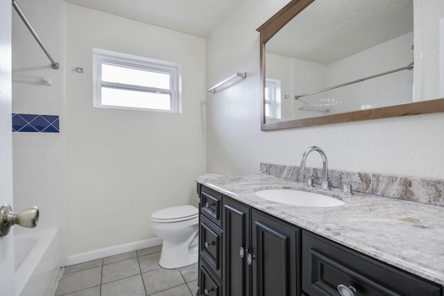 bathroom with toilet, shower / bath combination, vanity, baseboards, and tile patterned floors