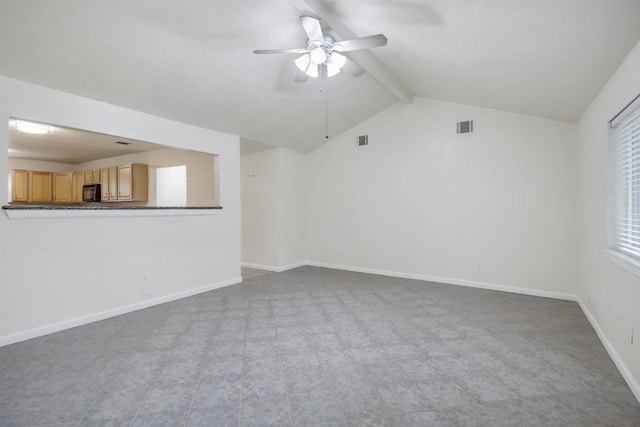 interior space with a ceiling fan, visible vents, lofted ceiling with beams, and baseboards