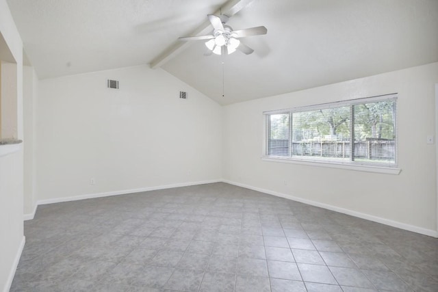 spare room with a ceiling fan, visible vents, lofted ceiling with beams, and baseboards