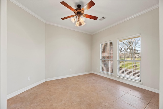 spare room with light tile patterned floors, baseboards, visible vents, ceiling fan, and ornamental molding