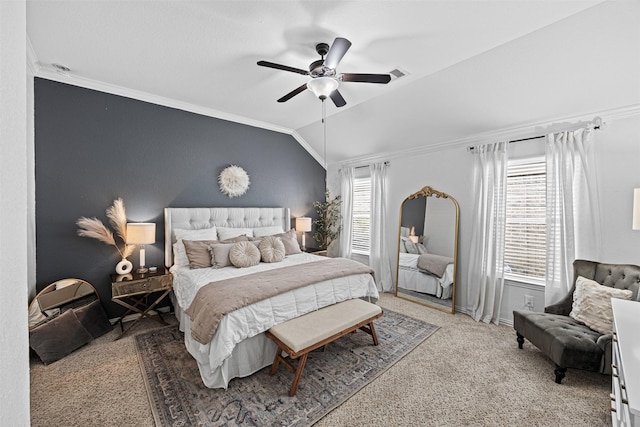 bedroom featuring lofted ceiling, carpet, visible vents, and crown molding