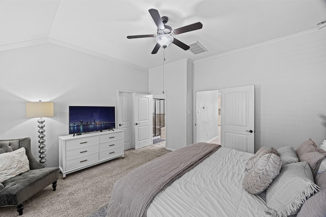 bedroom featuring light carpet, lofted ceiling, visible vents, and crown molding