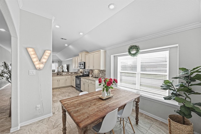 dining space featuring baseboards, ornamental molding, marble finish floor, vaulted ceiling, and recessed lighting