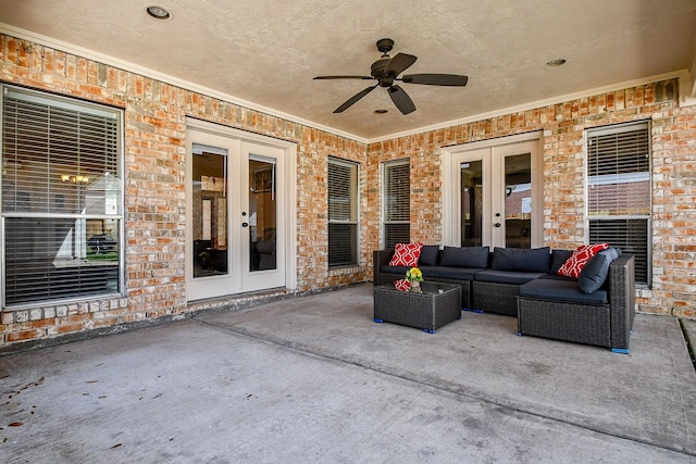 view of patio featuring french doors, an outdoor living space, and a ceiling fan