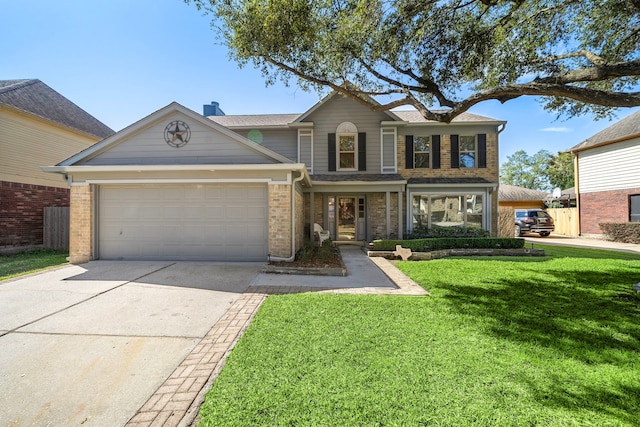 traditional home with a garage, brick siding, driveway, a front lawn, and a chimney