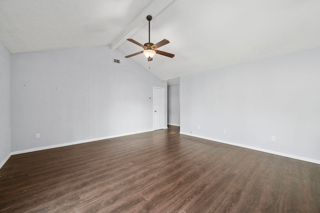 unfurnished room featuring dark wood-style floors, vaulted ceiling with beams, visible vents, ceiling fan, and baseboards