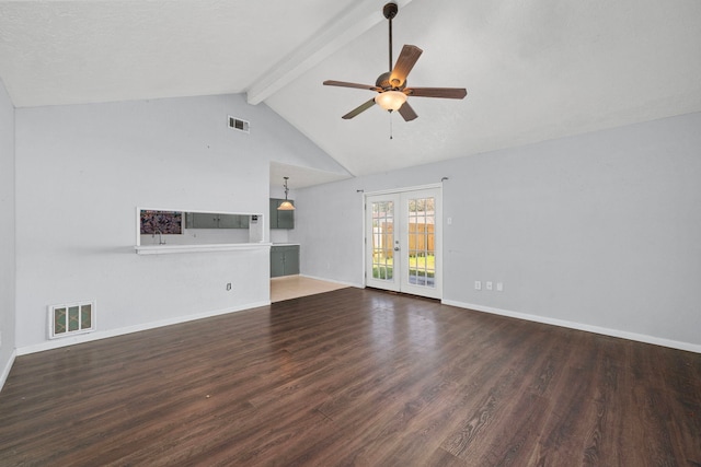 unfurnished living room featuring dark wood-style floors, french doors, beam ceiling, visible vents, and baseboards