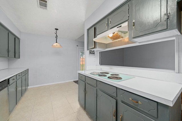 kitchen featuring decorative light fixtures, gray cabinets, light countertops, white electric cooktop, and under cabinet range hood