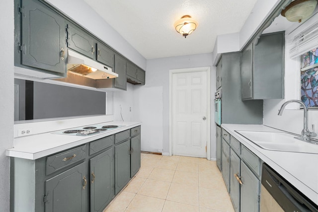 kitchen with under cabinet range hood, a sink, black dishwasher, light countertops, and white electric cooktop