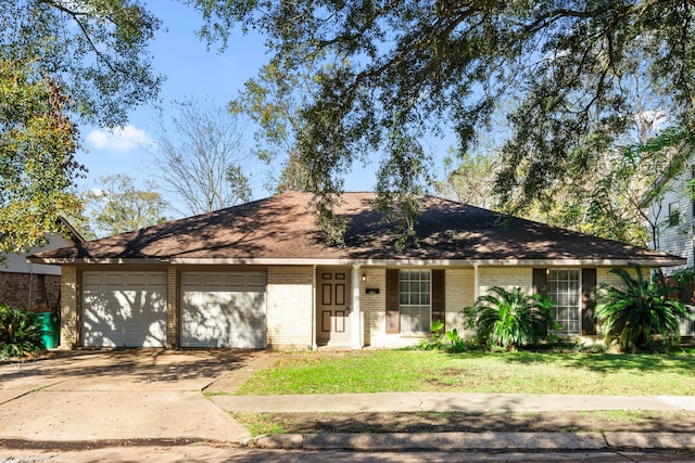 single story home featuring a garage, concrete driveway, and brick siding