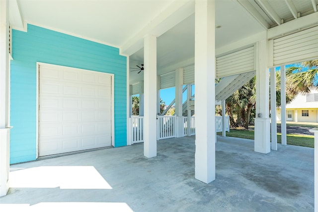 garage with ceiling fan