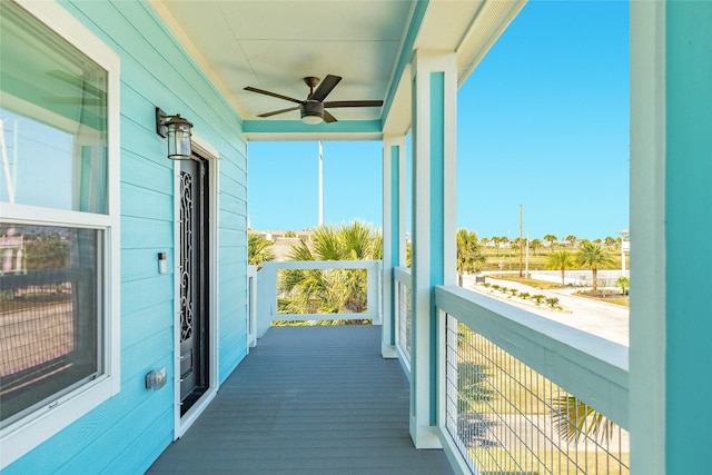 balcony with a ceiling fan