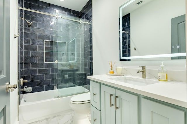 full bath with toilet, shower / bath combination with glass door, vanity, visible vents, and marble finish floor