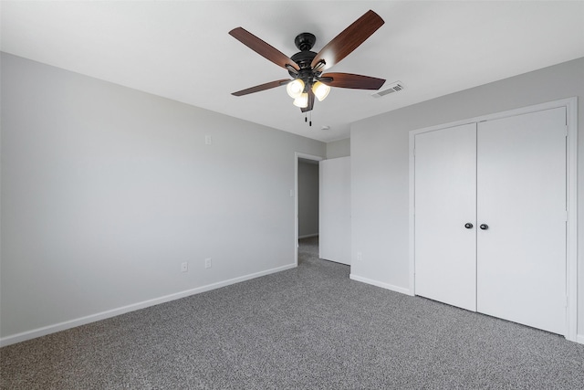 14415 Bryce Meadow Ln, Houston, TX 77047 - unfurnished bedroom with visible vents, carpet floors, a closet, baseboards, and ceiling fan