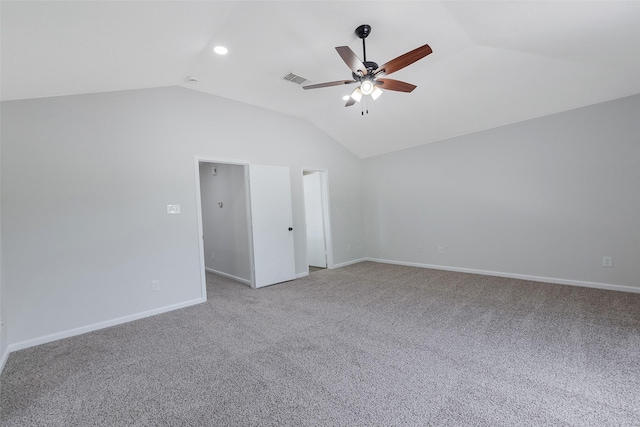 14415 Bryce Meadow Ln, Houston, TX 77047 - unfurnished bedroom featuring light carpet, visible vents, a ceiling fan, baseboards, and vaulted ceiling