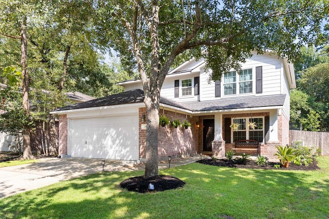 traditional-style home featuring brick siding, a porch, concrete driveway, fence, and a front lawn