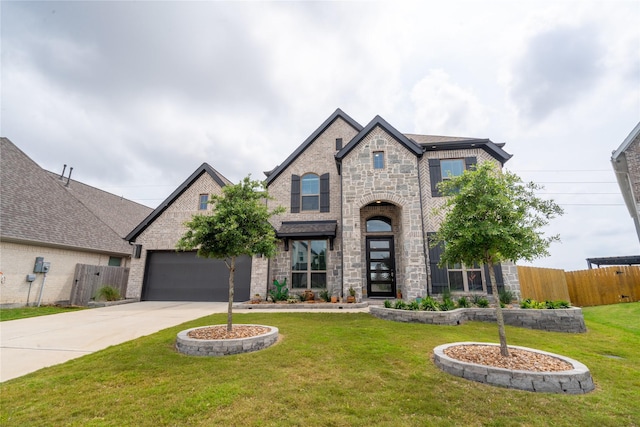 french country style house featuring brick siding, concrete driveway, an attached garage, fence, and a front lawn