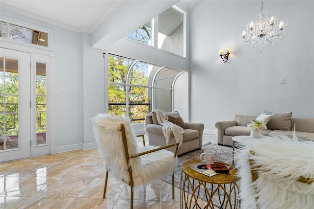 sunroom with a chandelier