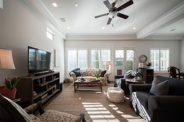 living area with recessed lighting, visible vents, ceiling fan, and ornamental molding