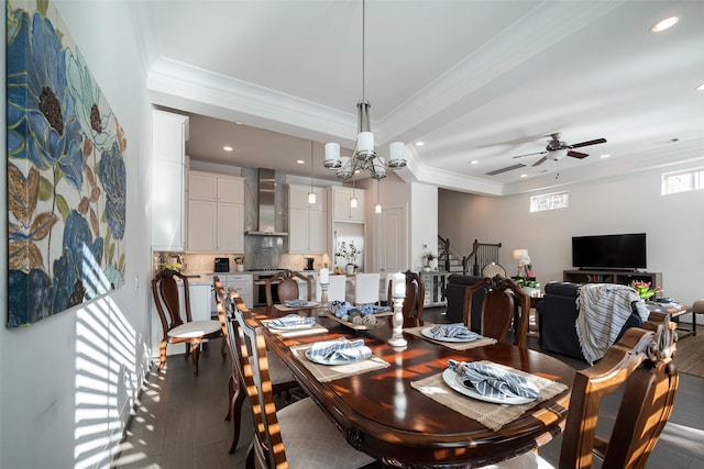 dining area featuring a ceiling fan, dark wood finished floors, crown molding, and recessed lighting