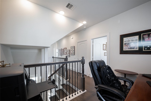 home office featuring visible vents, dark wood-style flooring, and recessed lighting