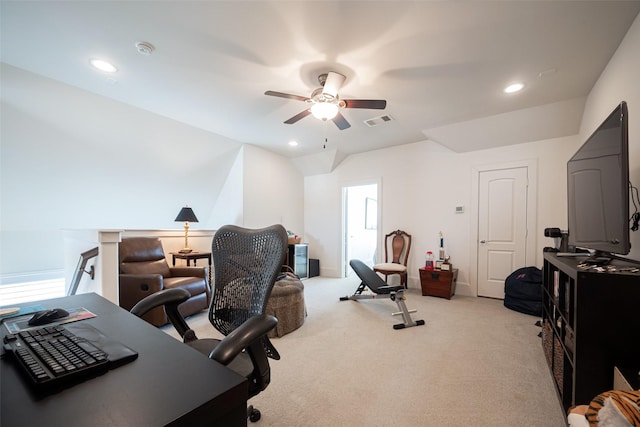 office featuring light colored carpet, visible vents, ceiling fan, and recessed lighting