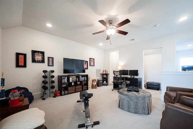 carpeted living room with recessed lighting, visible vents, vaulted ceiling, and ceiling fan