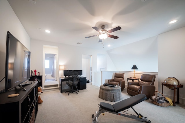 office area featuring recessed lighting, light colored carpet, ceiling fan, and visible vents