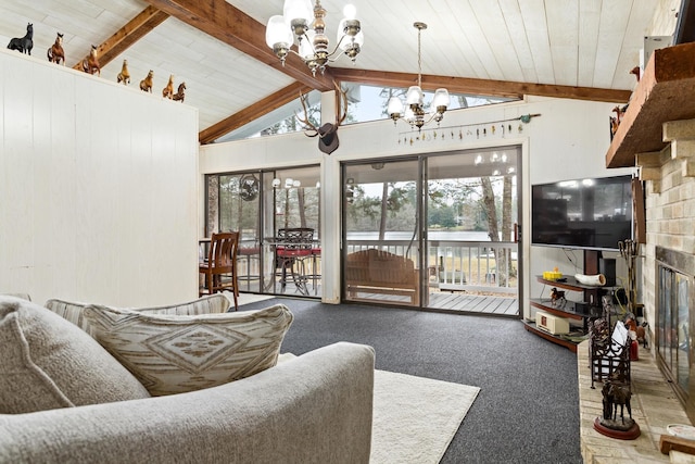 carpeted living room featuring vaulted ceiling with beams, wooden ceiling, and a notable chandelier