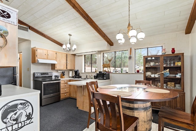 kitchen featuring stainless steel electric range oven, light countertops, vaulted ceiling with beams, and an inviting chandelier