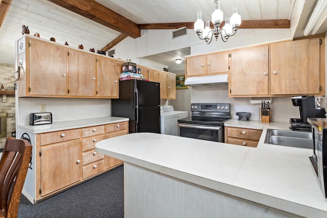 kitchen with electric stove, freestanding refrigerator, a peninsula, hanging light fixtures, and light countertops