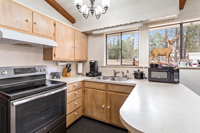 kitchen featuring electric stove, light countertops, a sink, black microwave, and under cabinet range hood