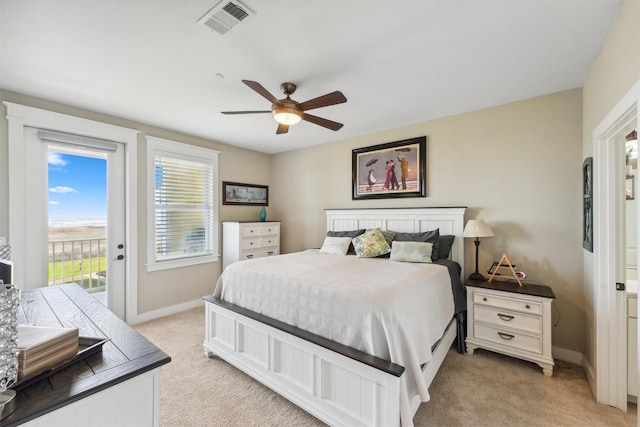 bedroom featuring access to exterior, visible vents, baseboards, ceiling fan, and light colored carpet