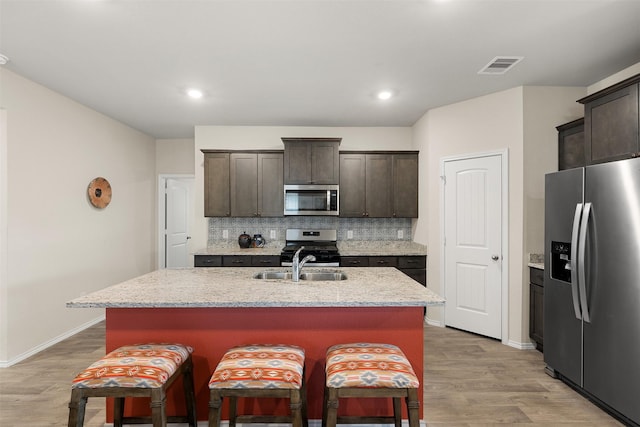 kitchen with dark brown cabinetry, a center island with sink, visible vents, decorative backsplash, and appliances with stainless steel finishes